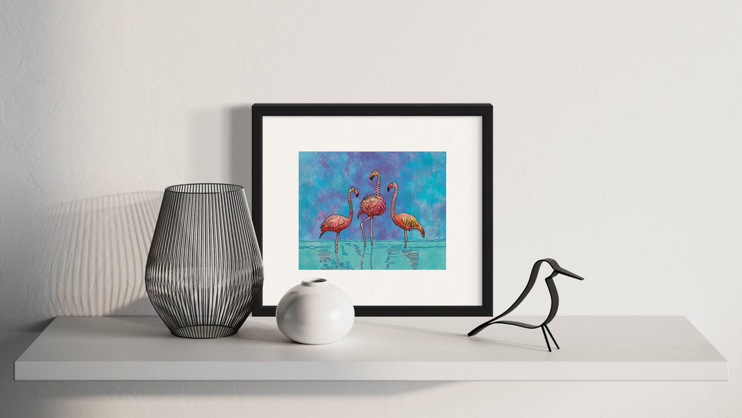 Flamingos Art Print 8 x 10 | Colorful Ocean Wall Art | Flamingos Marine Life Illustration, Coastal Beach Decor