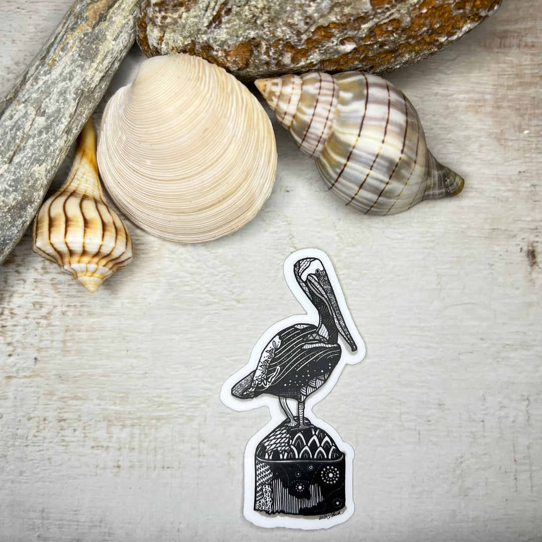 Sticker - Pelican at Key West - Black & White - white background - 1.6" x 3"