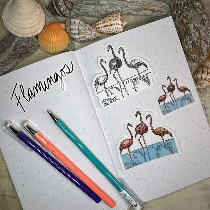 Flamingos Stickers 2" or 3" | Cute Flamingos Vinyl Sticker | Clear, Pink, Flamingos Decal for Laptop, Water Bottle, Journal, Gift for Ocean Lovers