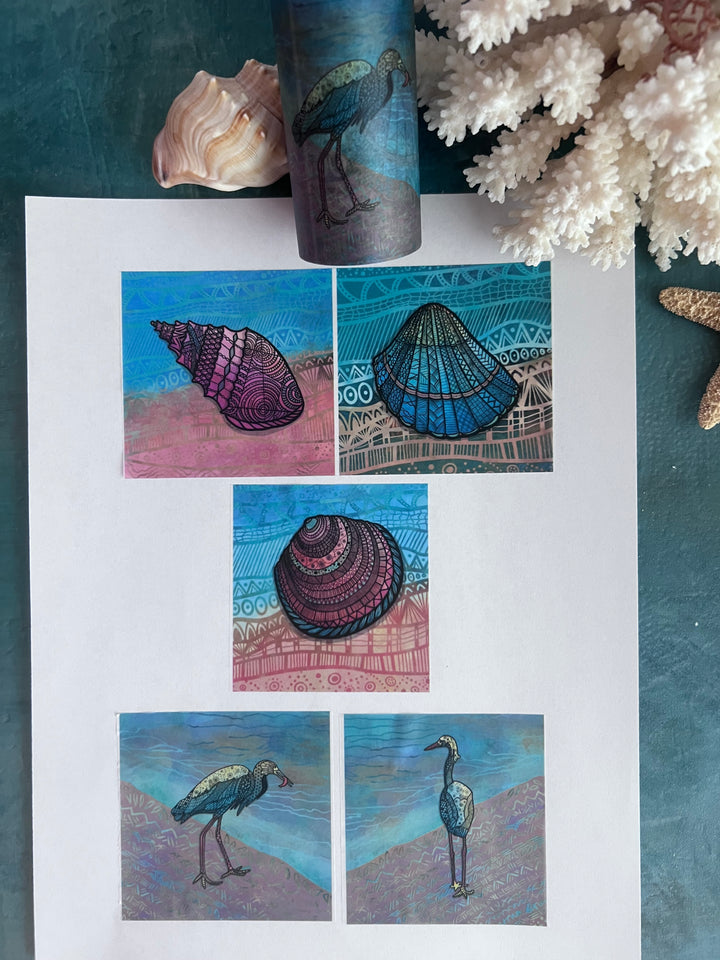 Washi Tape | Seashore | 3 Inches x 33 Feet | Snowy Egrets & Seashells | Nature Journaling Tape | Florida Wildlife