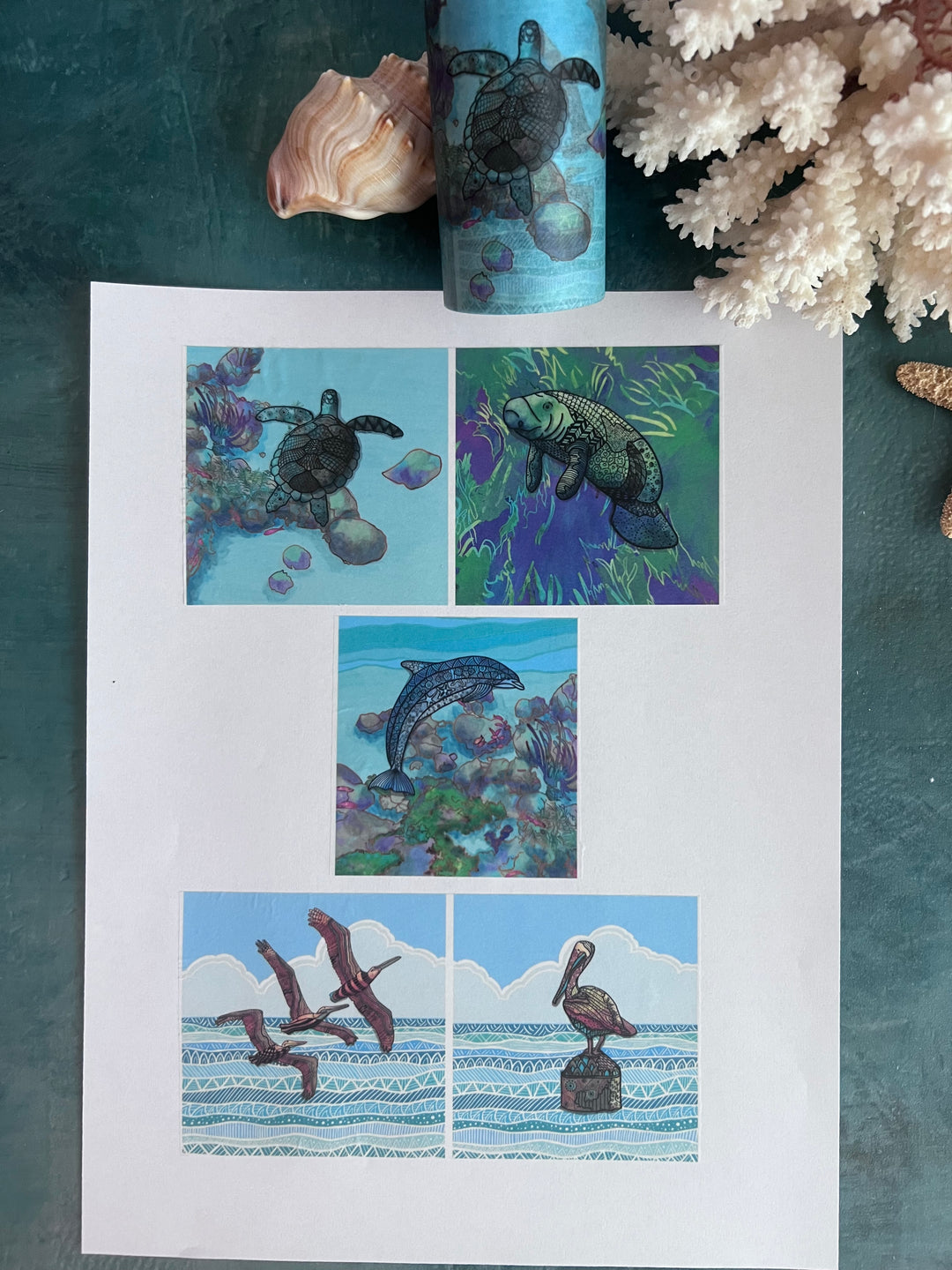 Washi Tape | Water & Shore |  3 Inches x 33 Feet | Sea Turtle, Dolphin, Manatee, Pelican | Nature Journaling Tape | Florida Wildlife