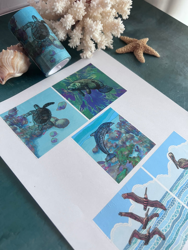 Washi Tape | Water & Shore |  3 Inches x 33 Feet | Sea Turtle, Dolphin, Manatee, Pelican | Nature Journaling Tape | Florida Wildlife