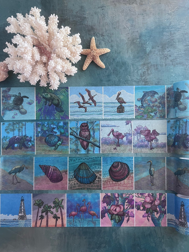 Washi Tape | Water & Shore |  3 Inches x 33 Feet | Sea Turtle, Dolphin, Manatee, Pelican | Nature Journaling Tape | Florida Wildlife
