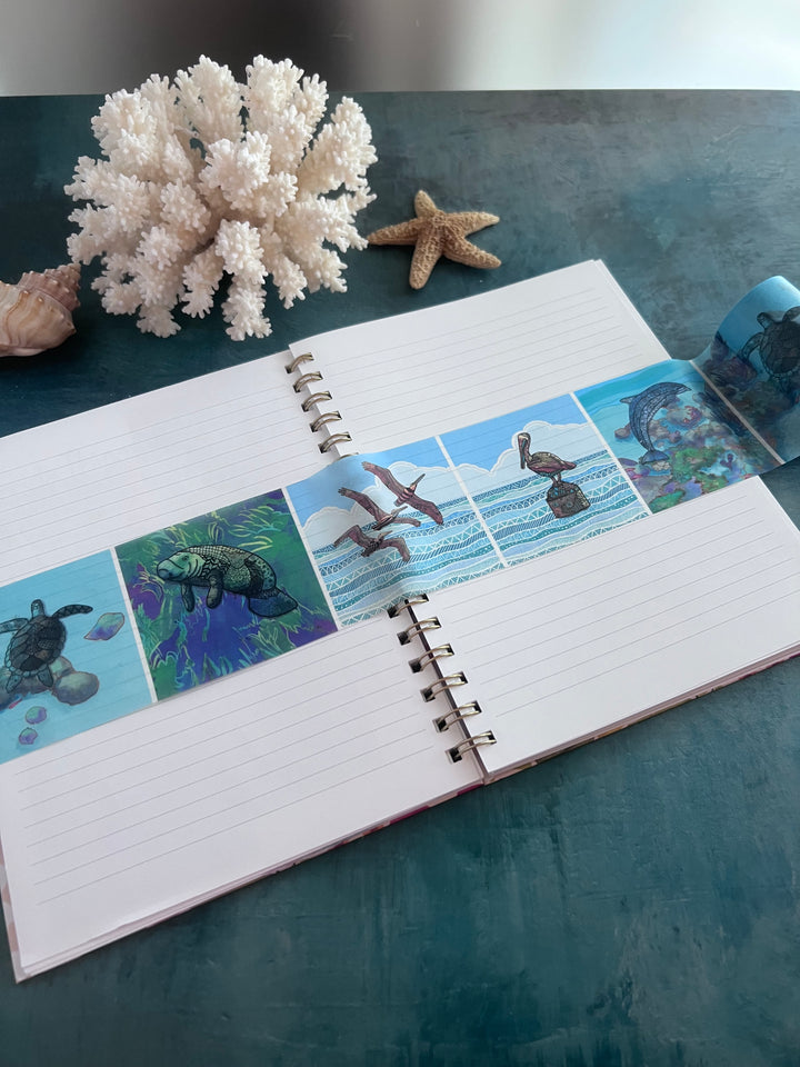 Washi Tape | Water & Shore |  3 Inches x 33 Feet | Sea Turtle, Dolphin, Manatee, Pelican | Nature Journaling Tape | Florida Wildlife