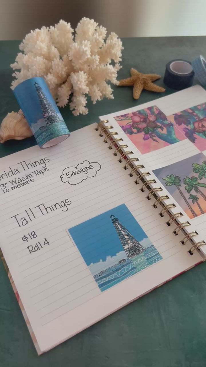 Washi Tape | Tall Things |  3 Inches x 33 Feet | Lighthouse, Palm Trees, Magnolia Trees, Flamingos | Nature Journaling Tape | Florida Wildlife