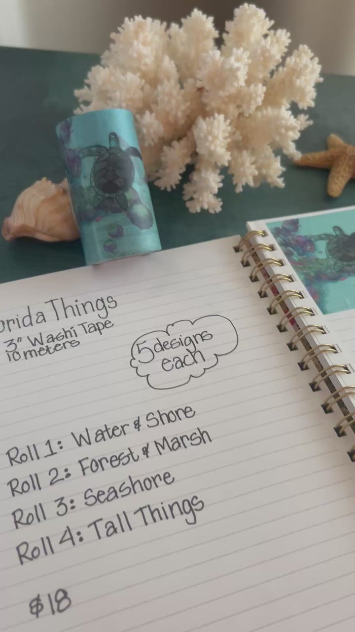 Washi Tape | Water & Shore |  3 Inches x 33 Feet | Sea Turtle, Dolphin, Manatee, Pelican | Nature Journaling Tape | Florida Wildlife