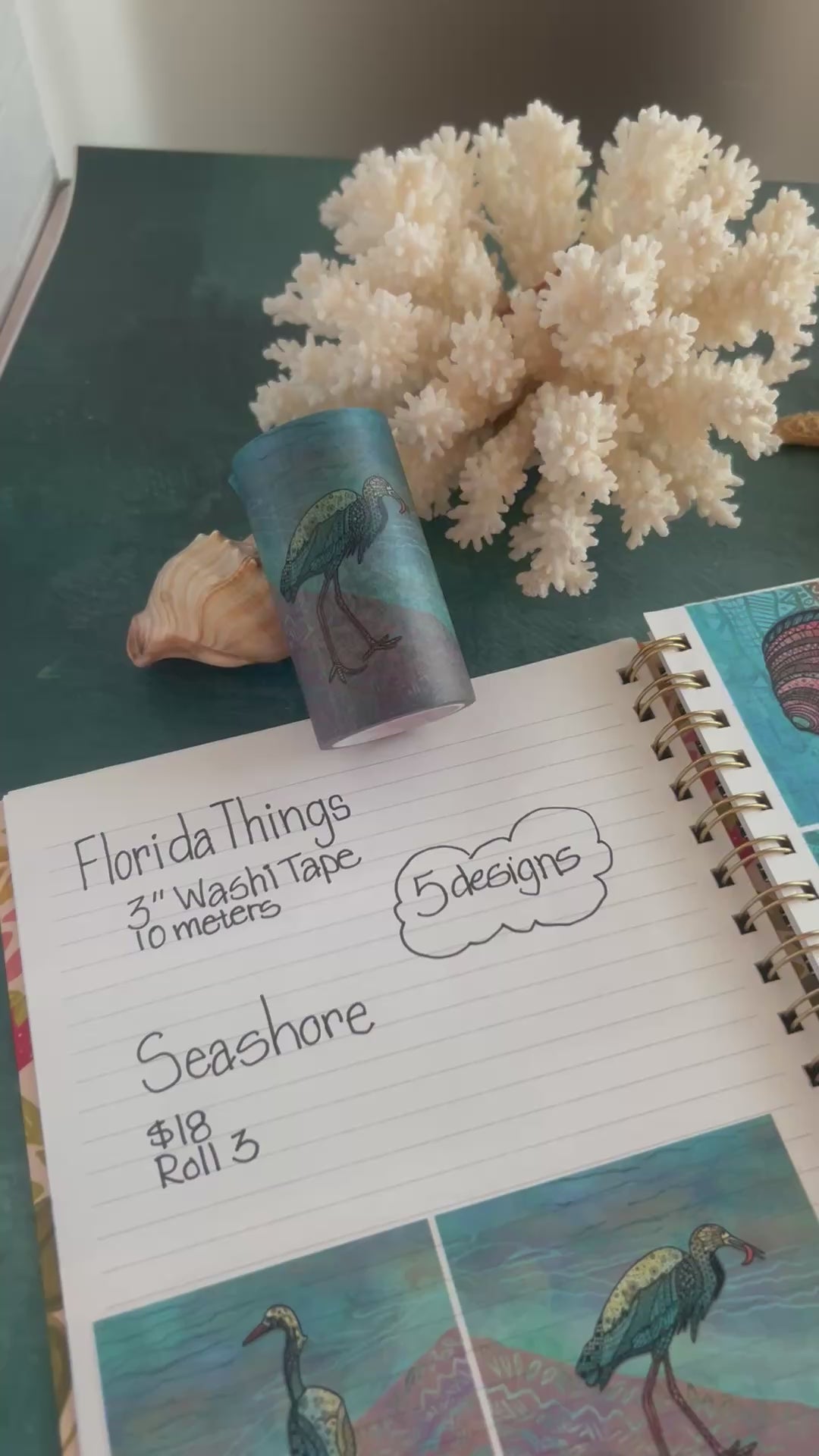 Washi Tape | Seashore | 3 Inches x 33 Feet | Snowy Egrets & Seashells | Nature Journaling Tape | Florida Wildlife