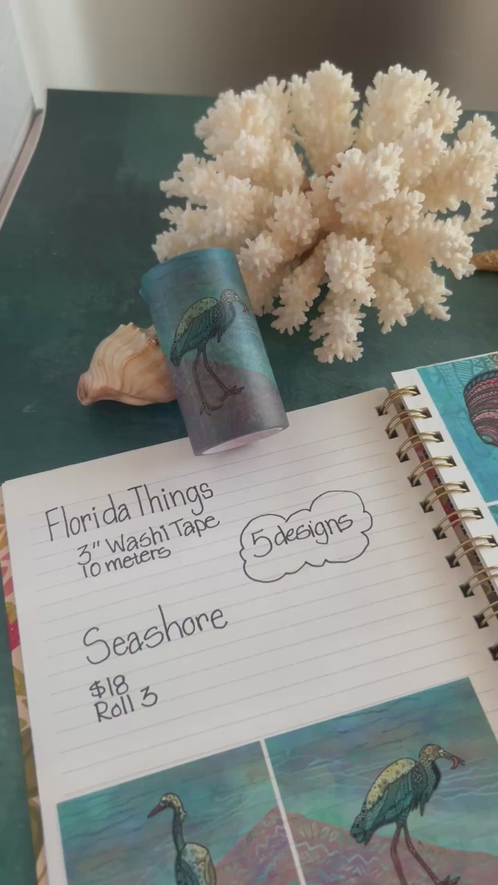 Washi Tape | Seashore | 3 Inches x 33 Feet | Snowy Egrets & Seashells | Nature Journaling Tape | Florida Wildlife